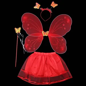 Red butterfly fairy wings costume set with tutu skirt headband wand for kids party cosplay.