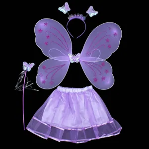 Children purple butterfly fairy wings costume set tutu skirt headband wand party dress props