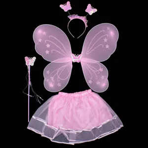 Pink butterfly fairy costume set with wings headband wand skirt for kids party cosplay