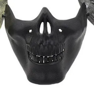 Halloween black skull half mask detail view, tactical CS warrior devil mask for costume parties.