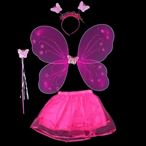 Kids pink butterfly fairy costume set with wings headband wand tutu skirt for party