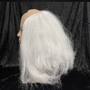 Detail view of a funny bald novelty white wig, perfect for party costume and Halloween dressing.