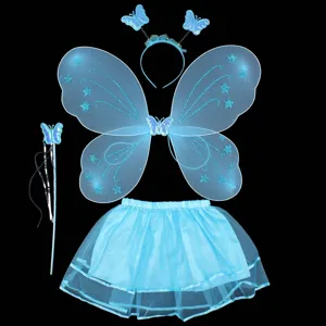 Children blue butterfly fairy wings costume set with headband, tutu skirt and magic wand.