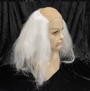 Funny bald party wig with long white frizzy hair for festival costume party events.