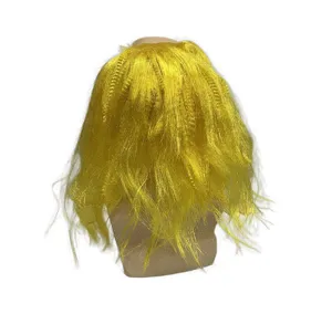 Detailed close-up view of the bright yellow novelty balding party wig hair texture.