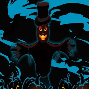 Halloween scarecrow and glowing pumpkins digital illustration background for festive party decor.