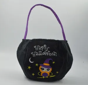 Halloween black plush candy bag with purple handle cute owl embroidery treat handbag for kids