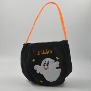 Halloween plush trick or treat candy bag black ghost design with orange handle and custom text.