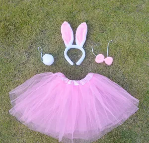 Pink bunny costume set with tutu skirt, headband ear, fluffy tail for party dress up.