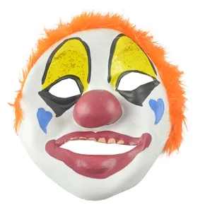 Halloween grappige clown masker met oranje afro pruik, feest kostuum prop detail.