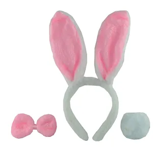 Pink plush bunny ear headband, bow tie, and tail set for parties, festivals and cosplay.
