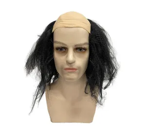 Funny bald costume wig detail showing side black hair and skin top headwear for party.