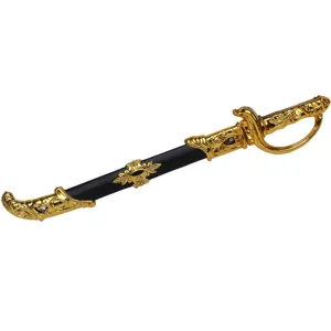Detailed close-up of the ornate golden hilt and black scabbard on this decorative costume sword.