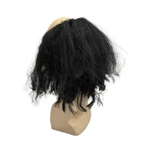 Funny balding party wig detail shot, black fluffy hair costume accessory for festival events.