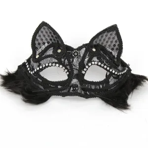 Schwarze spitze maske katze mit strass und federn für halloween party kostüm zubehör.