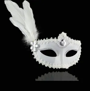 Detailed white masquerade mask featuring delicate feathers, lace trim, and elegant silver accents.