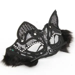 Schwarze Spitzen Katzenmaske Maskerade Party halbe Gesichtsmaske mit Strass und Pelzohren.