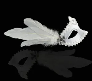 White feather masquerade mask with lace and rhinestones for Halloween party and ball.