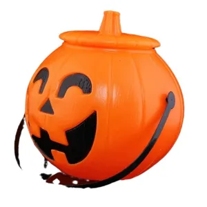 Halloween plastic pumpkin candy bucket with lid and handle, perfect party decoration prop.