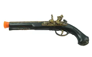 Vintage pirate flintlock gun toy for Halloween cosplay, black and gold plastic costume prop.
