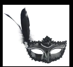 Close-up detail of black masquerade mask featuring elegant feather and delicate lace trim.