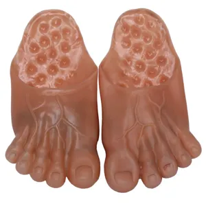 Funny Halloween big feet vinyl slippers, realistic skin color prank shoes for party costume.
