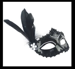 Black feather masquerade mask detail, elegant lace trimming and sparkling rhinestones.