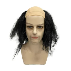 Funny bald party wig with long black hair, perfect for holiday events and costume parties.