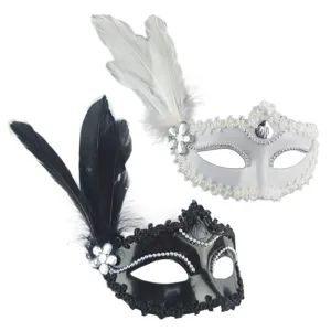 Venetian Masquerade Feather Mask For Women Elegant Lace Rhinestone Princess Eye Mask Halloween Carnival Party Costume Accessories