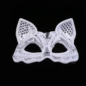 Weisse Spitzen Katzenmaske mit Strahlenden Steinen fuer Karneval und Party Kostueme.