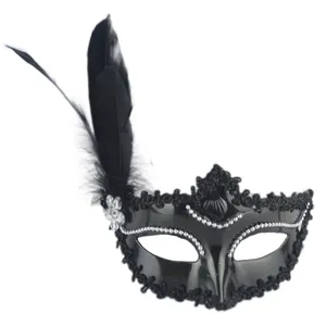 Black masquerade mask with feather lace and beads, perfect for Halloween party costumes and balls.