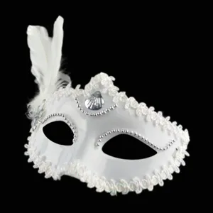 White masquerade mask with feathers and lace trim elegant party eye mask for Halloween.