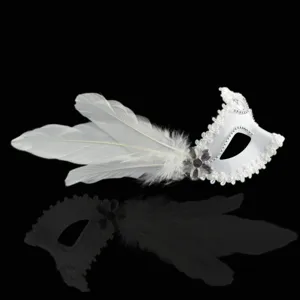 White Masquerade Mask with Feathers Venetian Party Eye Mask for Women Costume