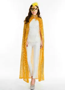 Goldener Pailletten Umhang mit Maske und Federkopfschmuck fuer Halloween Cosplay Party.