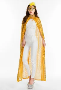 Feine Details des glänzenden goldenen Paillettenumhangs mit Maske für Partykostüme.