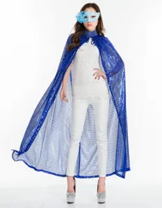 Detailansicht des blauen Pailletten-Umhangs, glänzender Stoff, ideal für Kostümpartys.