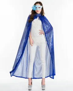 Blaues Pailletten Cape Umhang Damen Cosplay Kostuem Halloween Maskerade Party Buehne