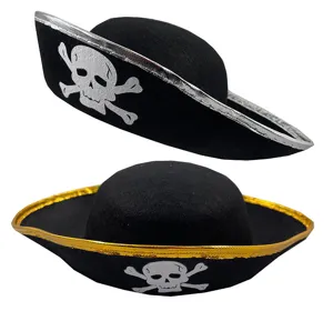 Kids pirate captain hat detailed view featuring black felt and classic skull motif.
