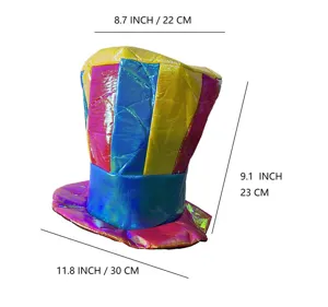 Colorful striped top hat detail view, perfect for carnival party, clown and magician costumes.