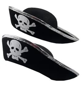 Children black pirate hat with silver trim and skull crossbones design for party costume dress up.