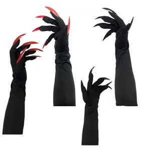 Gants longs noirs de costume d'Halloween avec de spectaculaires fausses griffes de sorcière.