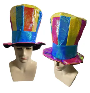 Colorful striped top hat for festival party, iridescent metallic finish carnival.