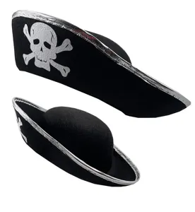 Kids pirate captain hat with silver trim and skull crossbones design for party costume