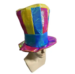 Colorful holographic striped top hat detail, festival party costume headwear accessory.
