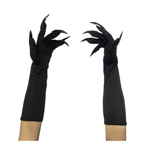 Gants longs noirs d'Halloween avec griffes, idéaux pour les déguisements de sorcière et vampire.