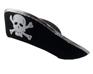 Kids pirate captain hat with silver trim and skull design for party dress up play.