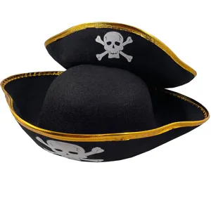 Pirate hat detail showing gold trim and skull print, ideal for kids party dress up.