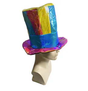 Detailed view of the iridescent striped top hat with wide brim, shiny party costume accessory.