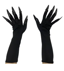 Gants longs noirs avec faux ongles pointus pour le costume de fete de sorciere d'Halloween.