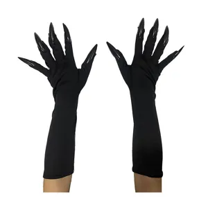 Gants longs noirs avec de faux ongles pour cosplay d'Halloween, accessoires de sorcière et vampire.